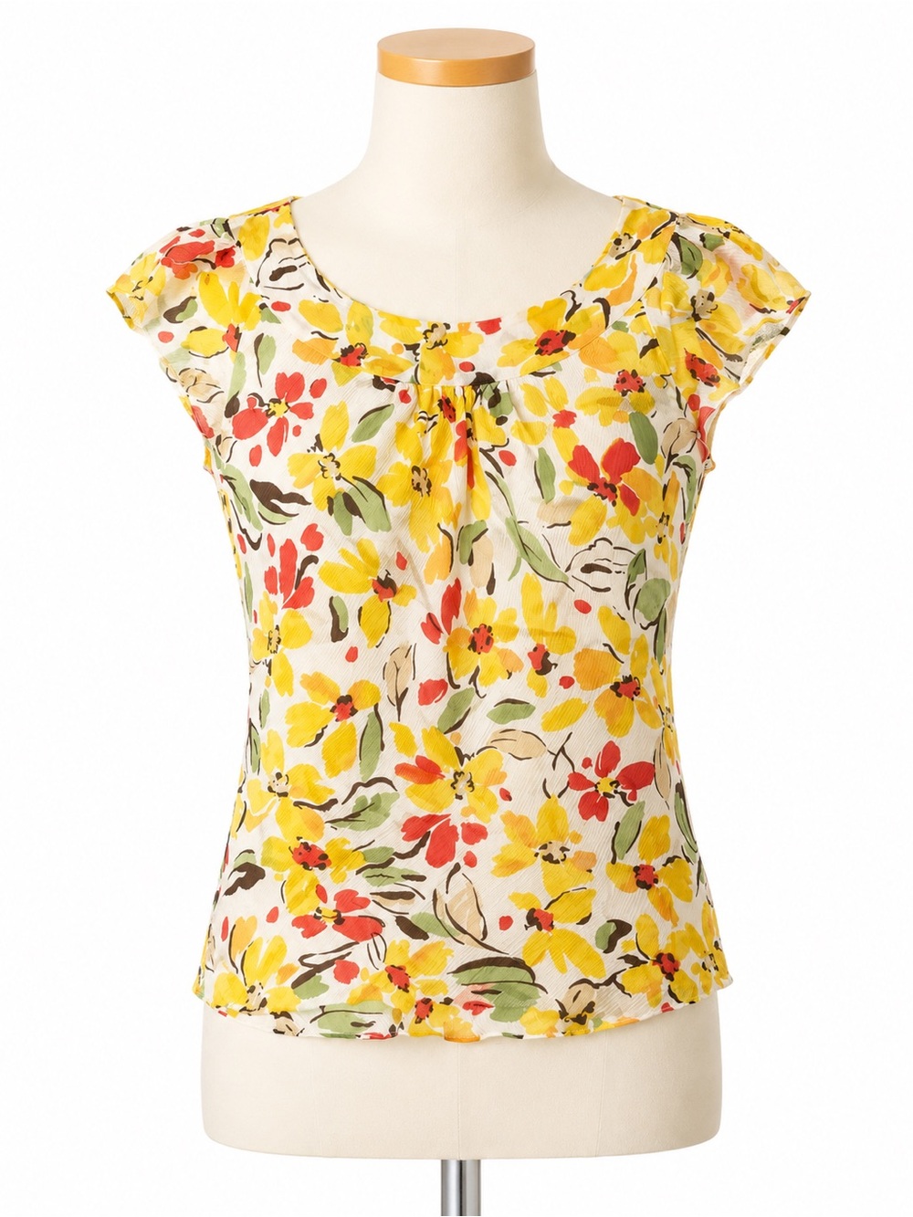 Anne Klein Petite Medium 100% Silk Floral Blouse | PM Yellow Multicolor Top